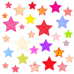 Colorful bright stars. Sky colored elements isolated on white. Abstract intricate patterns on isolation background. Design for spiritual relaxation for adults. Zen art. Zentangle. Print for polygraphy