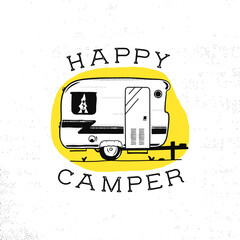 Mobile recreation. Happy Camper trailer in sketch silhouette style. Vintage hand drawn camp rv. House on wheels. Travel Transport emblem. Stock vector isolated on yellow circle