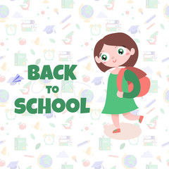cartoon vector flat back to school seamless pattern with design. text "back to school" with cute schoolgirl