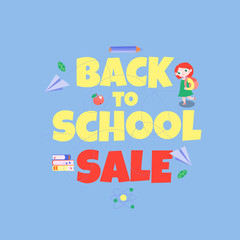 cartoon vector flat back to school sale design. text "back to school sale" with cute schoolgirl