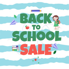 cartoon vector flat back to school sale design. text "back to school sale" with cute schoolgirl