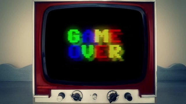 Zapping through television channels on a retro vintage tv set: a cooking show, bizarre people selling weird stuff, a game over message, a masked man, pie in the face, technical difficulties.
