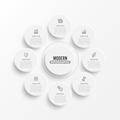 Vector infographic template with 3D paper label, integrated circles. Business concept with 8 options. For content, diagram, flowchart, steps, parts, timeline infographics.