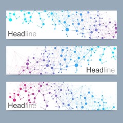 Fototapeta premium Scientific set of modern vector banners. DNA molecule structure with connected lines and dots. Science vector background. Medical, tecnology, chemistry design.