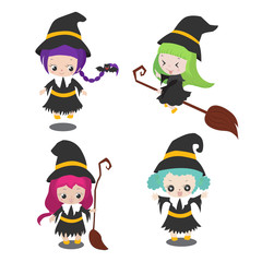 Set of cute witches in different situations and emotions. Kids character design. Happy children in halloween costume concept. Vector illustration.