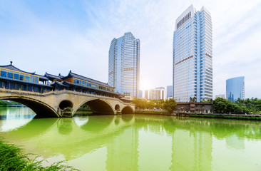 Nine hole bridge and skyscraper in chuengdu,china