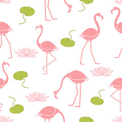 Seamless pattern with flamingo and water lily.