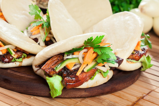 Gua bao, steamed buns with pork belly and vegetable