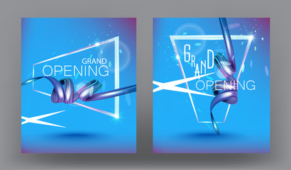 Grand opening blue cards with long ribbons and frames. Vector illustration
