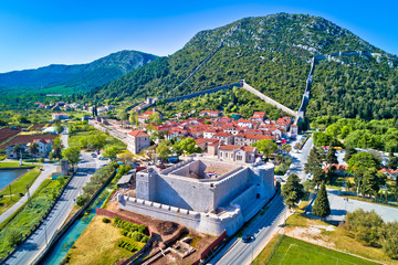 Town of Ston and historic walls aerial view