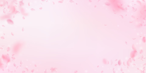 Fototapeta na wymiar Sakura petals falling down. Romantic pink flowers vignette. Flying petals on pink wide background. L