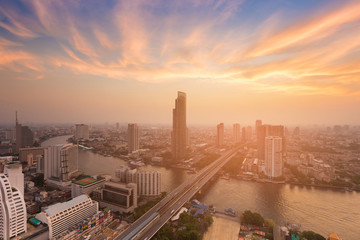 Fototapeta premium Beautiful after sunset sky Bangkok city skyline river front, Thailand