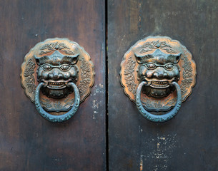 Antique door knocker shaped like a lion's head.