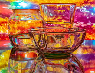 Glass of water with drop and colored background