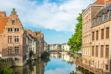 Fototapeta na wymiar The banks of Leie River with typical buildings in Ghent - Belgium