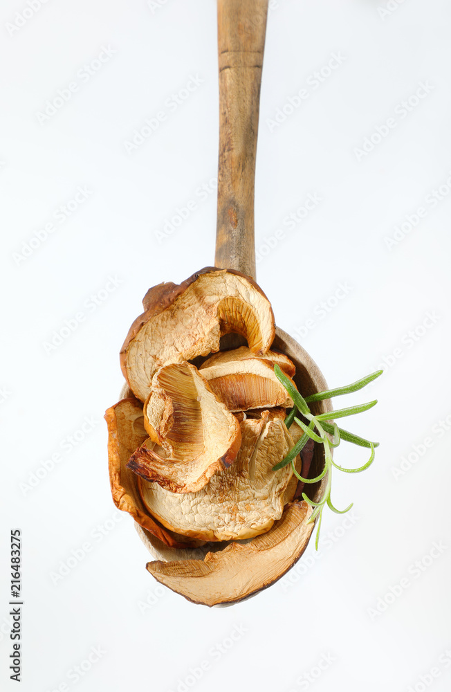 Poster spoon of dried mushrooms