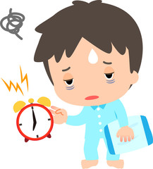 だるそうな様子で目覚まし時計を止める男性