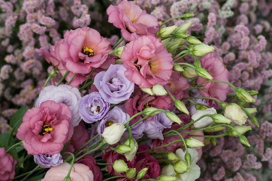 closeup of pink lisiantus bouquet at the florist
