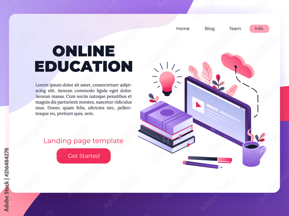 Poster vector 3d isometric template for site construction. online library with violet laptop, books. ultrav