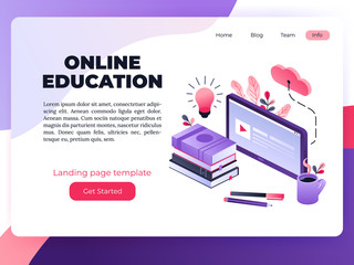 Vector 3d isometric template for site construction. Online library with violet laptop, books. Ultraviolet electronic documents and books for e-learning. Landing page with button and information