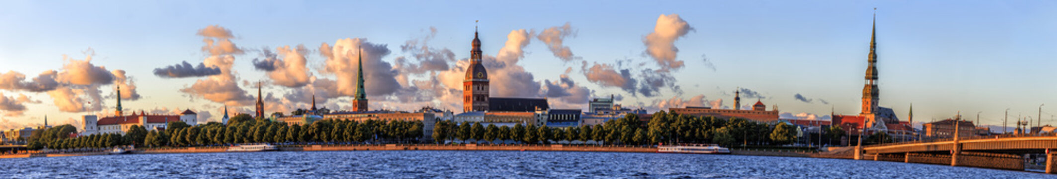 Riga Old Town Skyline panorama during sunset time. Panoramic montage from 30 images