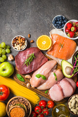 Balanced diet food background. 