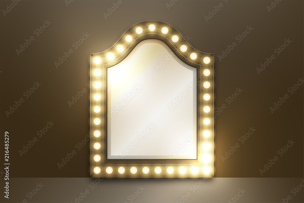 Poster mirror with incandescent light bulb box frame classic set, illustration retro 3d style isolated glow