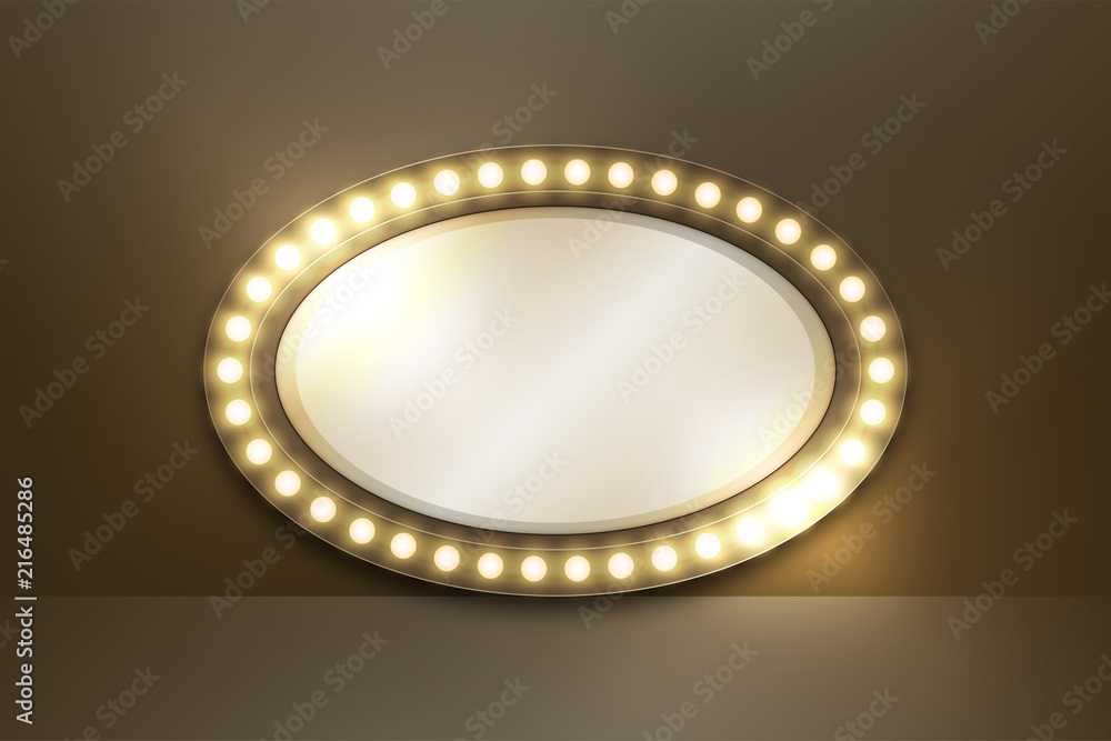 Aufkleber mirror with incandescent light bulb box frame oval shape set, illustration retro 3d style isolated g