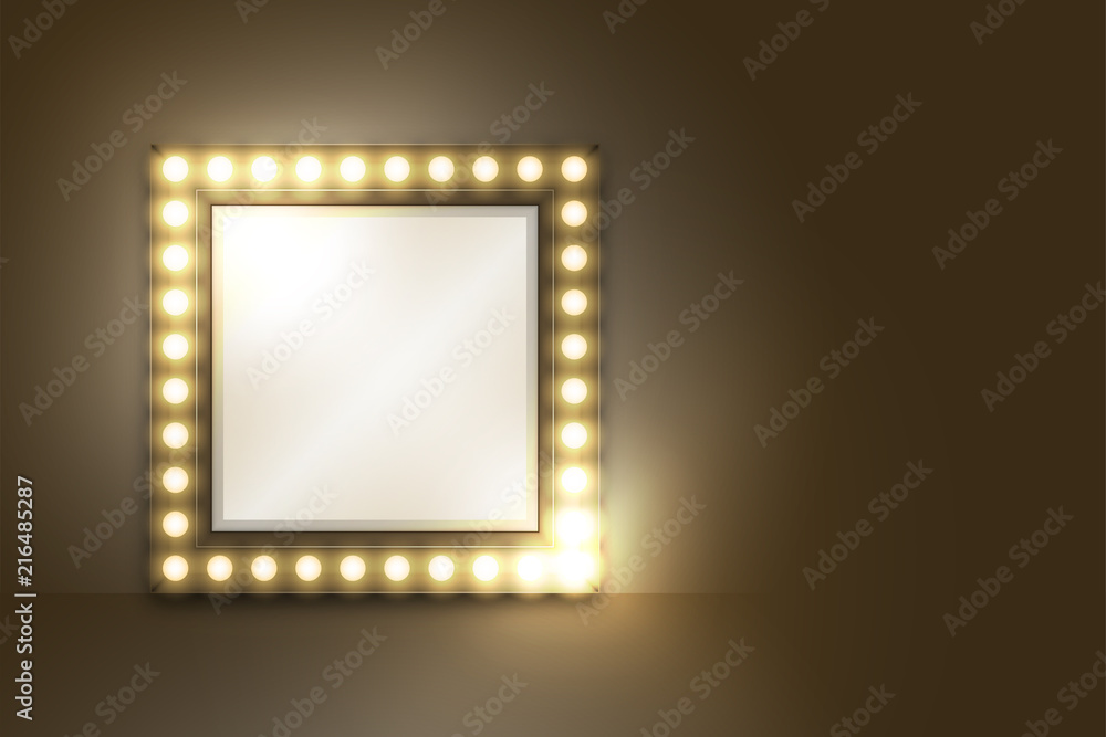 Poster mirror with incandescent light bulb box frame square shape set, illustration retro 3d style isolated