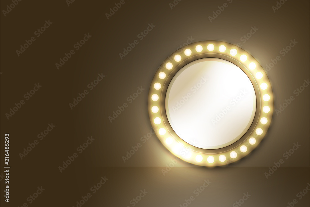 Aufkleber mirror with incandescent light bulb box frame circle shape set, illustration retro 3d style isolated