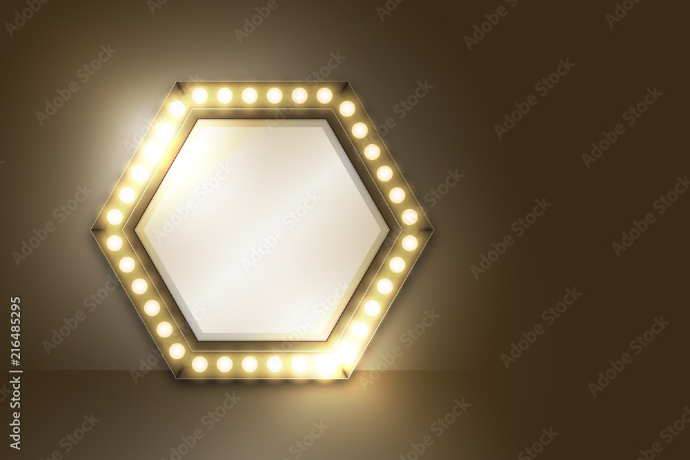 Aufkleber mirror with incandescent light bulb box frame hexagon shape set, illustration retro 3d style isolate