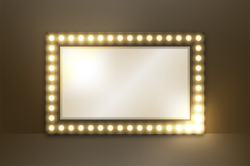 Mirror with Incandescent light bulb box frame rectangle shape set, illustration retro 3D style isolated glow in dark background with copy space, vector eps 10