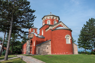 Fototapeta na wymiar Zica monastery, Church of the Holy Dormition, 13th century Byzantine Romanesque monastery, Serbia