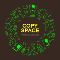 Dog and equipment kids hand drawing set pattern background in circle frame illustration isolated on brown color background, with center copy space