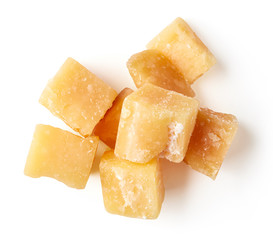 Parmesan cheese cubes isolated on white, from above © bigacis