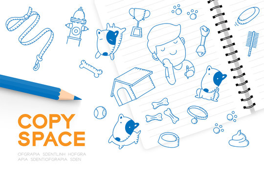 Notebook with kid boy hand drawing set, Imagine of Future Occupation "Dog groomer shop" concept idea illustration blue color isolated on white background, with copy space