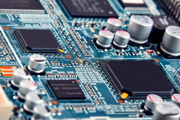 Electronic circuit board close up.