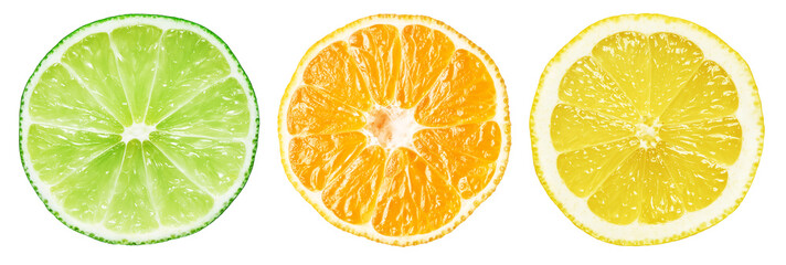 Lime, Orange, lemon. Slices of citrus fruits. Isolated