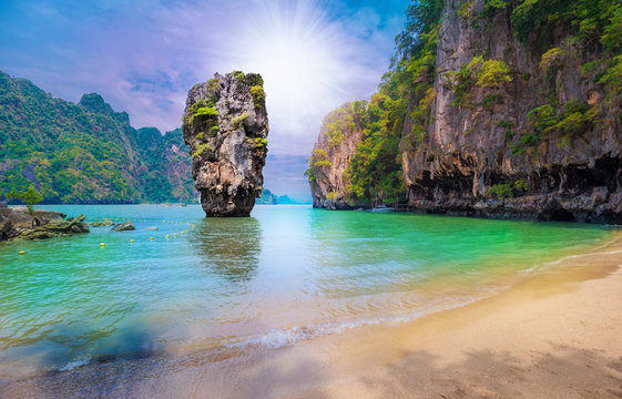 Beautiful paradise place on James Bond island in Thailand, Khao Phing Kan stone