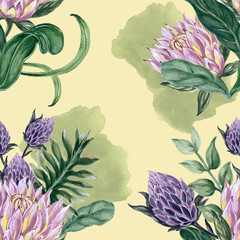 Botanical collage with King protea and green leaves branches seamless pattern