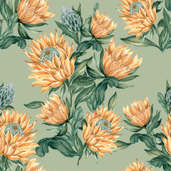 Botanical collage with King protea and green leaves branches seamless pattern