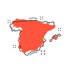 Vector cartoon Spain map icon in comic style. Spain sign illustration pictogram. Cartography map business splash effect concept.