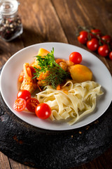 Lagman with pasta. National dish.