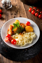 Lagman with pasta. National dish.