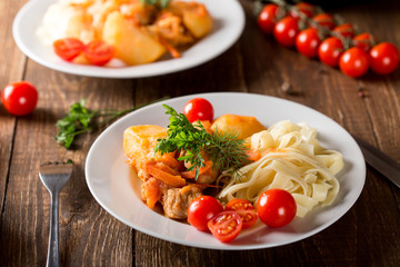Lagman with pasta. National dish.