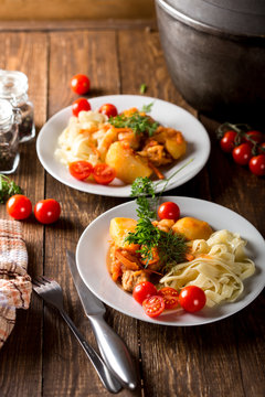 Lagman with pasta. National dish.