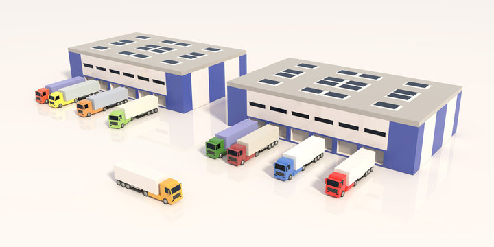 Logistics Center With Trucks. 3D Render.