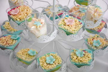 Sweet table for child birthday. Candy bar with a lot of different candies and sweet cakes