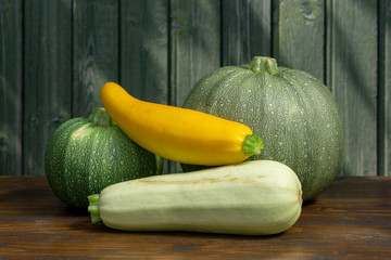 Fresh harvest of three kinds of courgettes
