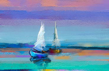 Fototapeta premium Colorful oil painting on canvas texture. Impressionism image of seascape paintings with sunlight background. Modern art oil paintings with boat, sail on sea. Abstract contemporary art for background